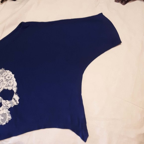 BEBE Blue Crop Top with white lace scull print, Size M/L, used - Picture 3 of 6